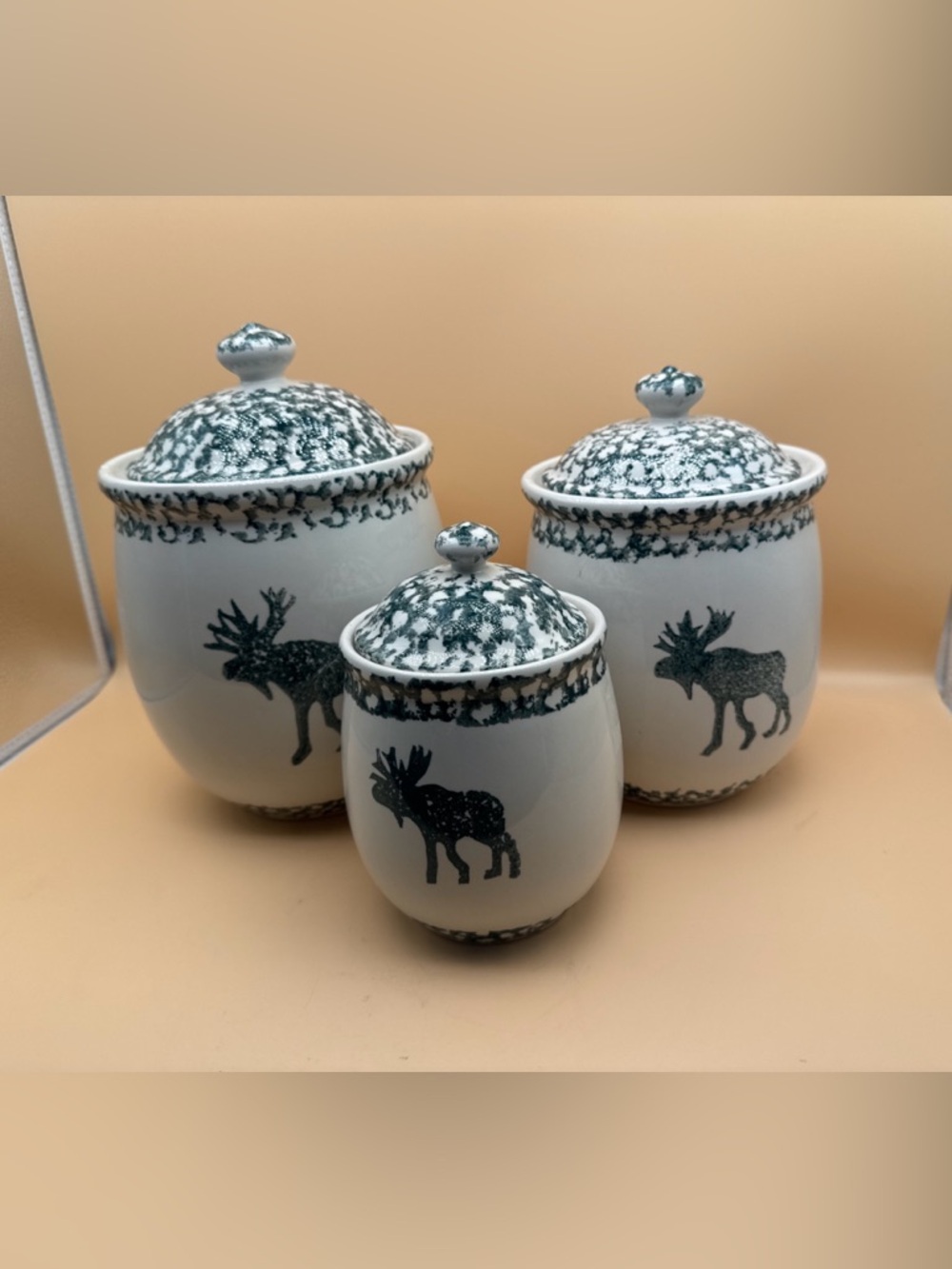 Folk White Ceramic Canister with Green Moose Motif and Speckle Lid